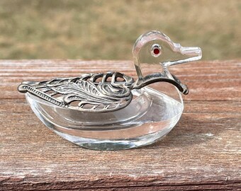 Vintage Glass Duck with German Silver (835) Wings Salt Cellar