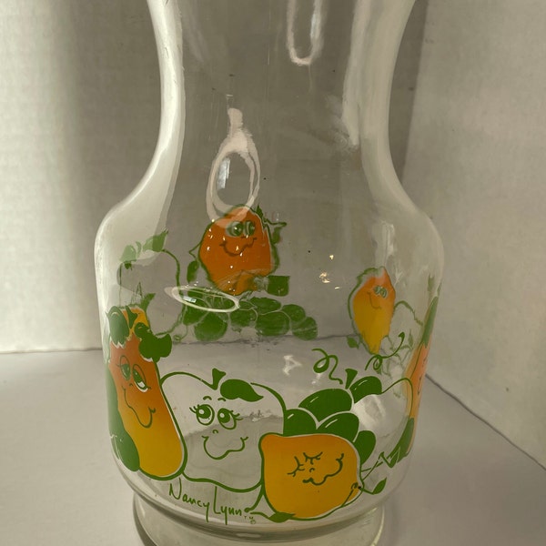 Vintage Nancy Lynn Glass Juice Carafe Pitcher w/ Smiling Fruit Design