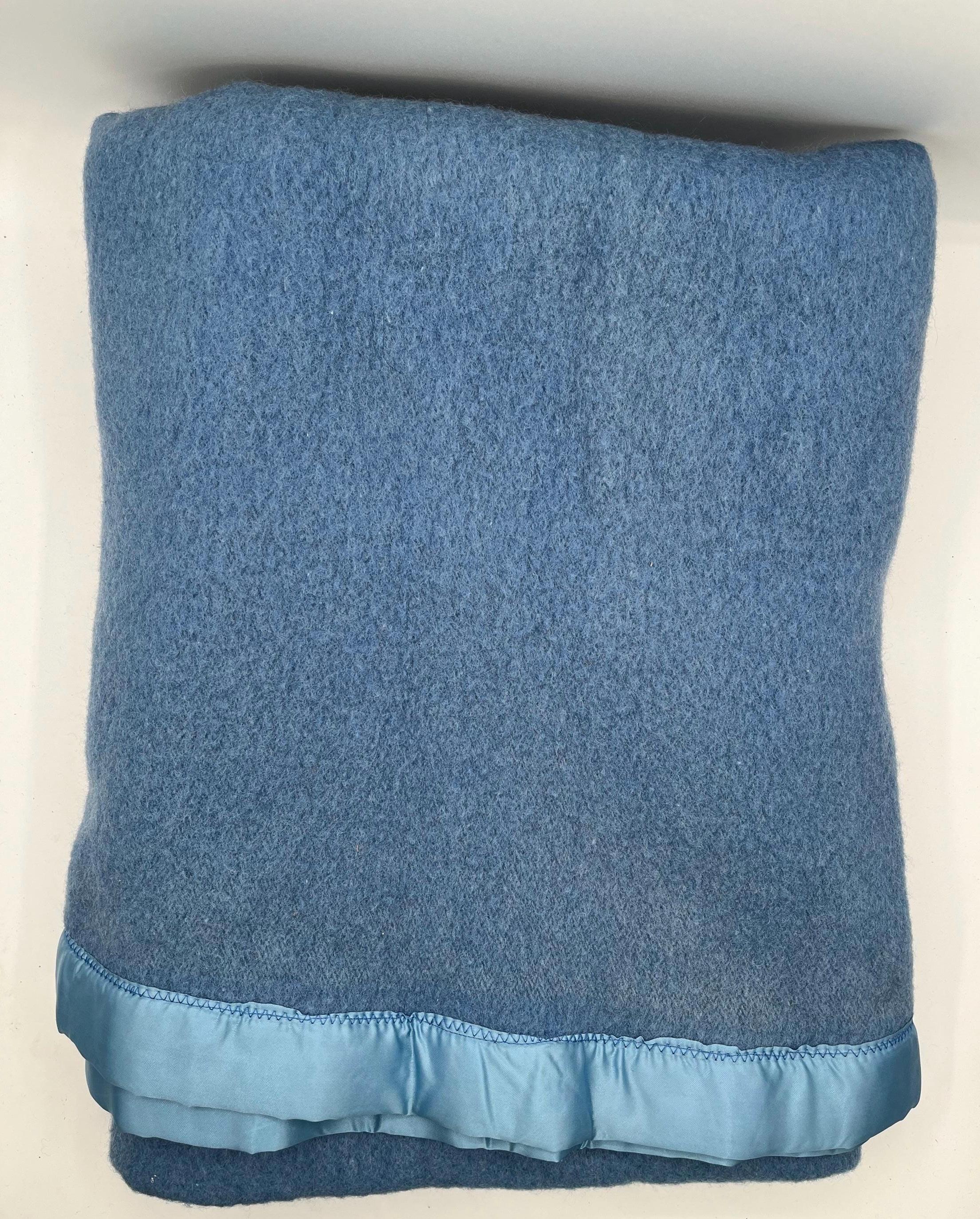 Vintage Blue Wool Throw Blanket with Satin/Nylon Edging 49” x 78”