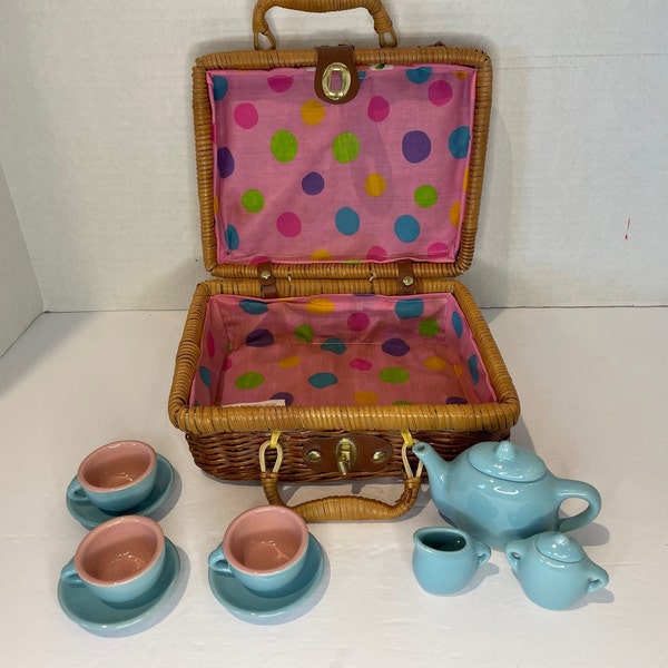 Child's Wicker Picnic Basket with Polka Dot Interior and Handles and Blue and Pink Tea Set