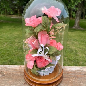 Vintage Glass Cloche Dome on Wood Base with Faux Pink Flowers, Lace and Ribbon