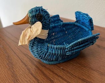 Vintage 80s Blue Wicker Woven Duck Basket with Wooden Bill Button Eyes and Raffia Bow Soap Holder
