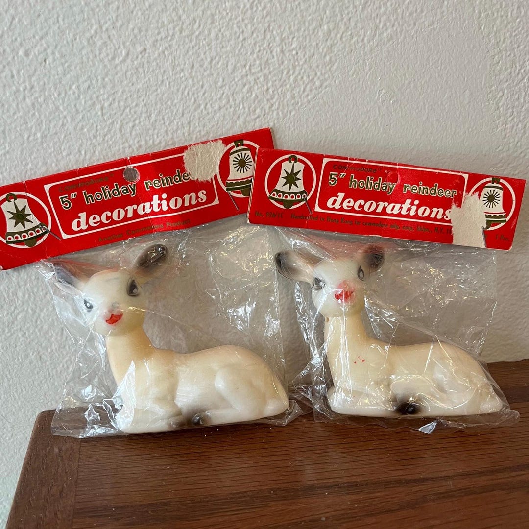 NOS 2 Vintage Commodore Soft Plastic Blow Mold White Reindeer Christmas ...