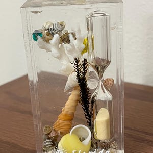 May include: A rectangular clear resin block containing a miniature hourglass, white coral, various seashells, and a dark brown sea plant. The word Florida is printed in white script at the bottom, accompanied by a small sun icon graphic.