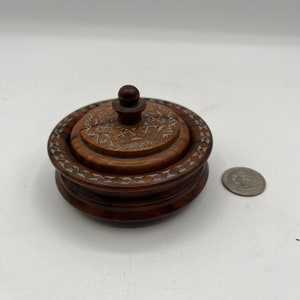 Small Round Intricately Carved Wood Dish with Lid Ring Dish Trinket Box
