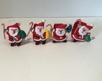 Vintage Set of 4 Handmade Santa with Candy Cane Napkin Rings