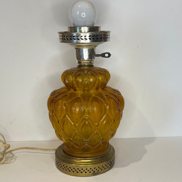 Vintage Amber Yellow Glass Hurricane Table Lamp