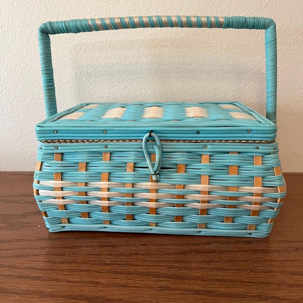 Cesta de costura vintage con asa - Mimbre sintético en color turquesa brillante y blanco