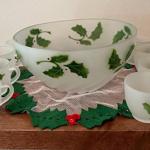 Vintage Frosted Glass Holly Punch Bowl Set: 12 Cups, Federal Glass 1940s