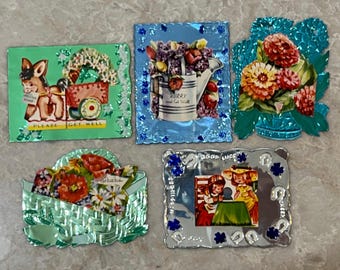 Set of 5: 1940-50s Embossed Foil Greeting Cards and Envelopes