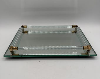 Vintage Mirrored Vanity Tray with Lucite Rod Rim and Brass Corners 11” x 8”