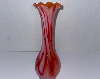 Red/Orange and White Murano Style Glass Vase with Ruffled Edge