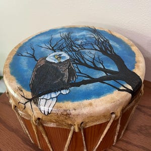 May include: Hand-painted drum featuring a bald eagle perched on a branch against a blue sky background. The drum has a wooden frame and is laced with natural-colored cord. The artwork is detailed and vibrant, showcasing the eagle's feathers and the tree's silhouette.