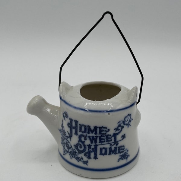 Small Vintage White and Blue Porcelain Tea Pot Home Sweet Home