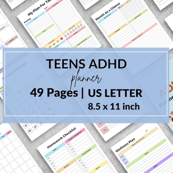 ADHD for teens Digital or Printable, US Letter Size, Wellness, 30-Day Challenge, Homework Tracker , AUDHD,