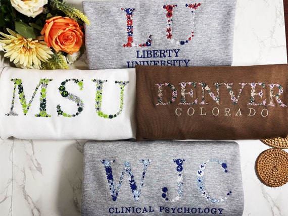 Embroidered Floral University Hoodie Flower Letter College 