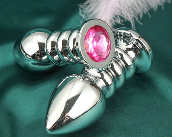 Metal Ribbed Butt Plug With Jewellery Gems, Mature