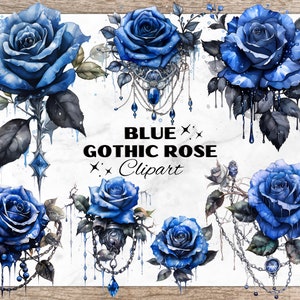 Blue Gothic Rose with Diamonds & Chains Watercolor Clipart, Dark Gothic Elements, Halloween Clipart, Gothic Watercolor Clipart, Gothic PNG