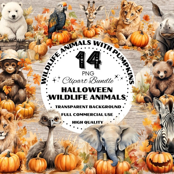 Wildlife Animals Halloween Clipart, Pumpkin Clipart Set, Halloween Theme Illustrations, Watercolor Design, Wildlife Halloween PNG, Wild Life