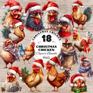 Könnte beinhalten: Ein Set mit 18 digitalen Clipart-Bildern mit Weihnachtshühnern, die Weihnachtsmützen, Schals und Brillen tragen. Die Bilder sind im PNG-Format und perfekt für Basteln, Scrapbooking und andere kreative Projekte.
