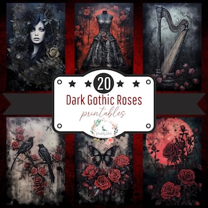 Könnte beinhalten: Eine Collage aus 20 druckbaren Bildern mit dunklen Gothic-Rosen in verschiedenen Stilen. Die Bilder zeigen eine Frau mit dunklen Haaren und Rosen im Haar, ein schwarzes Kleid mit Rosen, eine Harfe mit Rosen, zwei schwarze Vögel auf einem Ast mit Rosen, einen schwarzen Schmetterling mit Rosen und einen roten Mond mit Rosen.