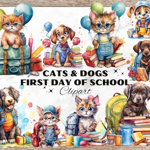 Cats & Dogs First Day at School Watercolor Clipart, School Enrollment Cliparts, PNG for Invitation, Sublimation PNG, Book Cliparts, Cat Dog