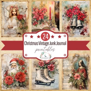 Könnte beinhalten: Ein Set mit 24 druckbaren Vintage-Weihnachtsbildern für Junk Journaling. Die Bilder zeigen Engel, Weihnachtsmann, Weihnachtssterne, Glocken, Schlittschuhe und andere festliche Elemente. Die Bilder sind auf einem Vintage-Hintergrund gedruckt.