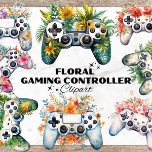 Könnte beinhalten: Ein Set mit sechs digitalen Spielcontrollern, die mit Aquarell-Blumenmustern verziert sind. Die Controller sind blau, weiß und grau mit verschiedenen Blumenmustern, darunter rosa, gelb und grün.