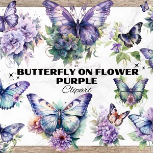 Purple Butterfly on Flower Watercolor Clipart, Cottagecore Cliparts, Watercolour Butterfly, Butterfly Cliparts, Purple Butterfly Sublimation