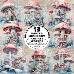 Winter Mushroom World Bundle, Watercolor Fantasy Clipart, Cottagecore Cliparts, Watercolor Magic Forest Snow Mushrooms, PNG Clip Art Pack