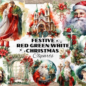 Festive Red Green White Christmas Watercolor Clipart, Christmas Clipart Bundle, Christmas Designs, Christmas Watercolor Clipart, X-MAS PNG