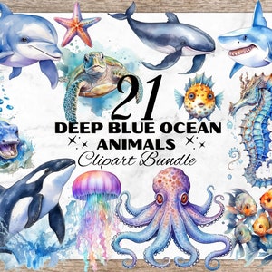 Ocean Animals Watercolor Clipart, Underwater Creatures, Shark Clipart, Animal Art, Sublimation PNG, Sea Animals, Dolphin Clipart, Seahorse