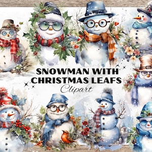 X-Mas Pupazzo di neve con foglie di Natale Clipart dell&#39;acquerello, Clipart dell&#39;acquerello di Natale, Clipart del pupazzo di neve, Clipart di Natale, Clipart invernale