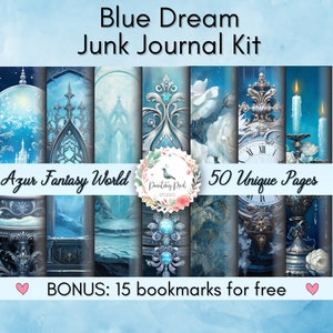 Kit diario spazzatura blu, pagine di scrapbooking di Azure Fantasy World con segnalibri fogli di collage di carta pacchetti di carte album di ritagli effimeri journaling