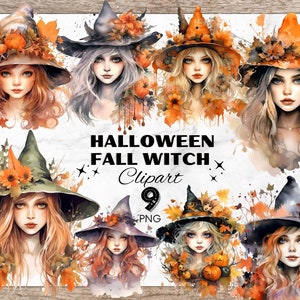 Könnte beinhalten: Neun Aquarell-Illustrationen von Hexen mit Herbstlaub und Kürbissen. Die Hexen tragen schwarze Hüte mit orangefarbenen und grünen Akzenten. Der Hintergrund ist eine weiße Holzmaserung.