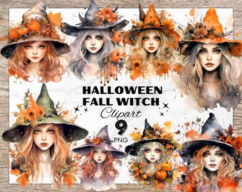 Watercolor Witch Clipart, Fall Witch Clipart, Halloween Clipart Bundle, Pretty Witch Clipart, Watercolor Halloween Cliparts, Autumn Witches