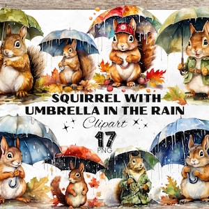 Squirrel in the rain with umbrella Cliparts, Autumn Fall Clipart, Fall Clipart Bundle, Autumn PNG, Fall PNG, Squirrel Clipart, Squirrel PNG