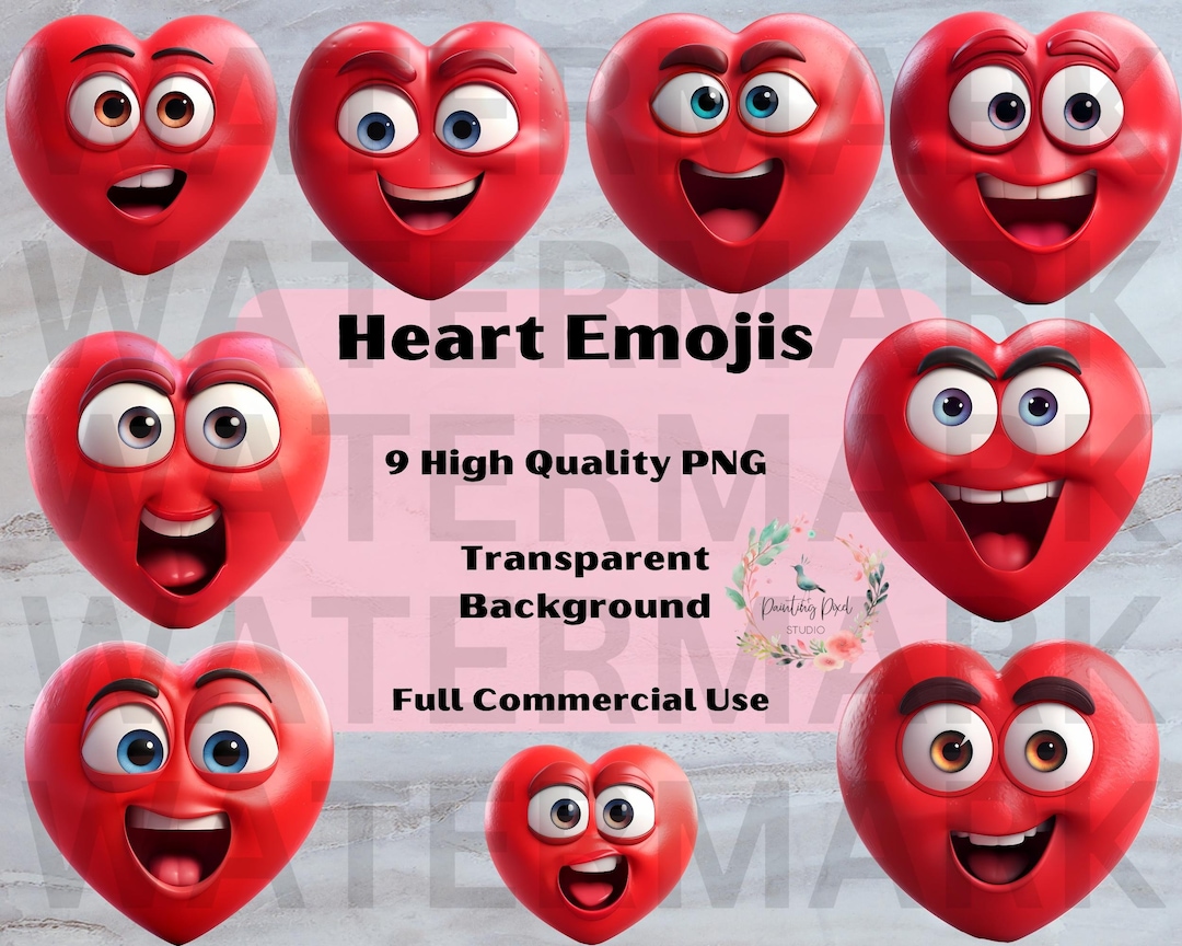 Heart Emoji Design Pack, 9 PNG Files, Heart Emoji, High Quality PNG ...