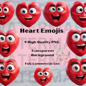 Heart Emoji Design Pack, 9 PNG Files, Heart Emoji, High Quality PNG, Heart Emoji Grafic Bundle, Transparent Background, Heart Emoji Pack
