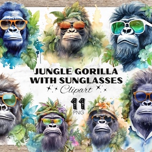 Gorilla with Sunglasses & Leafs Watercolor Clipart, Tropical Cliparts, Gorilla Clipart, PNG for T-Shirt Design, Ape Sublimation PNG, Hawaii