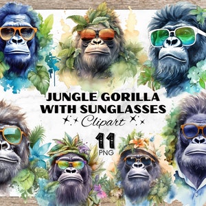 Gorilla with Sunglasses & Leafs Watercolor Clipart, Tropical Cliparts, Gorilla Clipart, PNG for T-Shirt Design, Ape Sublimation PNG, Hawaii