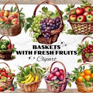 Panier avec des fruits aquarelle Clipart, cliparts de fruits, fruits dans le panier Clipart, Sublimation PNG, fraise - Orange - pomme - pêche - prune