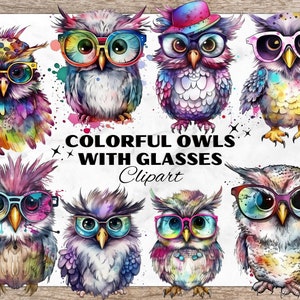 Colorful Owls With Glasses, Watercolor Clipart PNG, Owl Cliparts, cute owls download, funny Animal Designs, Animals with Glasses, Owl Lover