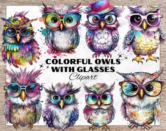 メガネをかけたカラフルなフクロウ、水彩クリップアート PNG、フクロウのクリップアート、かわいいフクロウのダウンロード、面白い動物デザイン、メガネをかけた動物、フクロウ愛好家