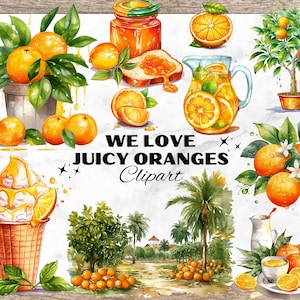 Könnte beinhalten: Aquarell-Illustration mit Orangen, Orangenscheiben und orangefarbenen Speisen und Getränken. Enthält ein Glas Marmelade, ein Glas Orangensaft und einen Orangenbaum. Der Text lautet "WE LOVE JUICY ORANGES Clipart."