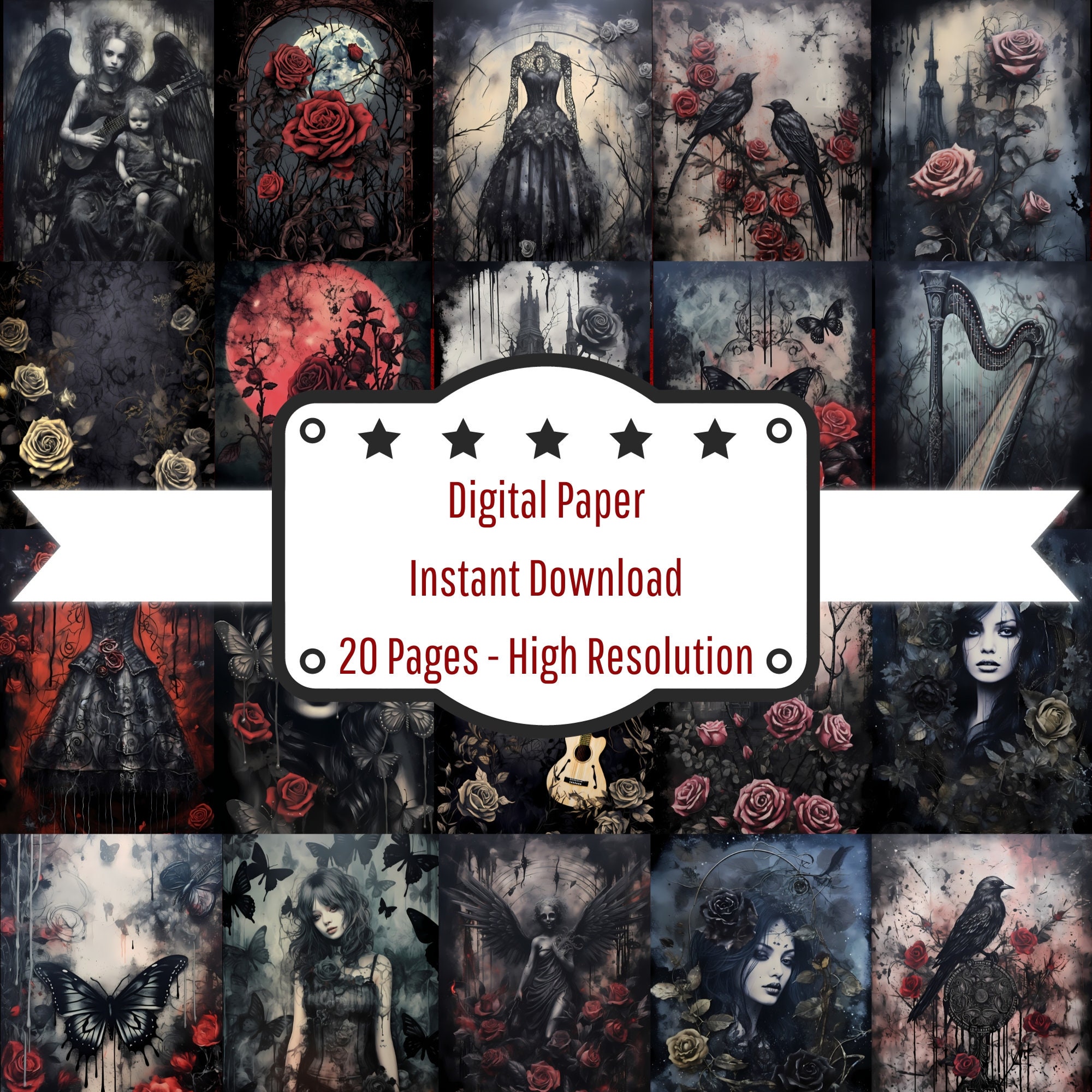 Dark Gothic Roses Junk Journal Pages, Floral Collage Sheets ...
