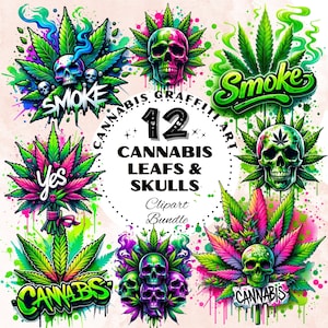 Könnte beinhalten: Ein Set mit 12 digitalen Illustrationen, die Cannabisblätter und Schädel im Graffiti-Stil zeigen. Die Illustrationen sind farbenfroh und zeigen verschiedene Designs, darunter Schädel mit Cannabisblättern, Cannabisblätter mit dem Wort "Smoke" und das Wort "Cannabis" in Graffiti-Lettern.