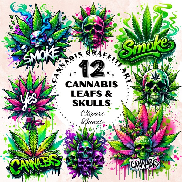 Cannabis Leafs & Skulls Clipart Bundle, Graffiti Illustrations for Posters Stickers Apparel Invitations, Neon Marijuana Skull Graphics Set