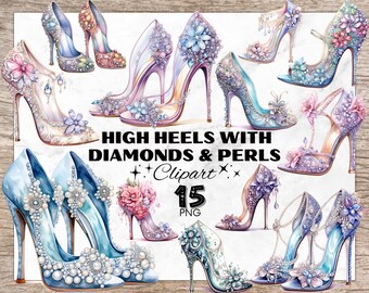 High Heels with Diamonds & Pearls Watercolor Clipart, Boots PNG, Watercolor Shoe Illustration, Instant Download, Glass Shoe PNG, Princess