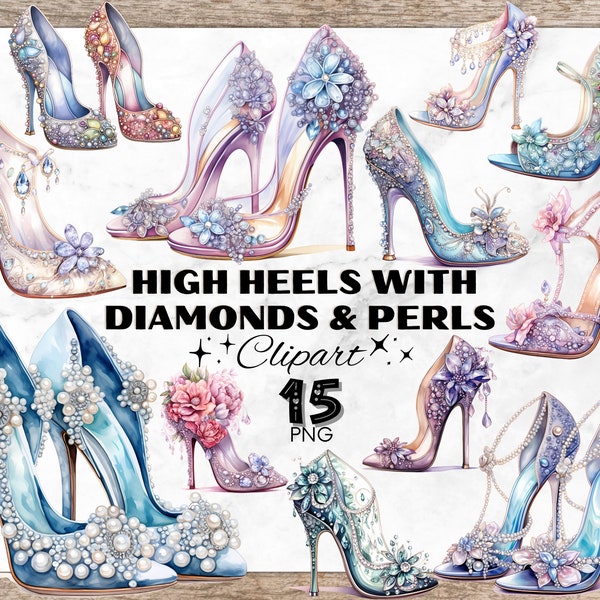 High Heels with Diamonds & Pearls Watercolor Clipart, Boots PNG, Watercolor Shoe Illustration, Instant Download, Glass Shoe PNG, Princess